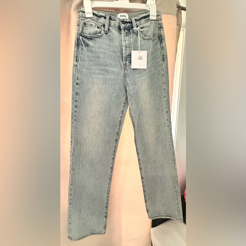 Pistola Blue Cassie High Rise Straight Jeans with Distressed Details